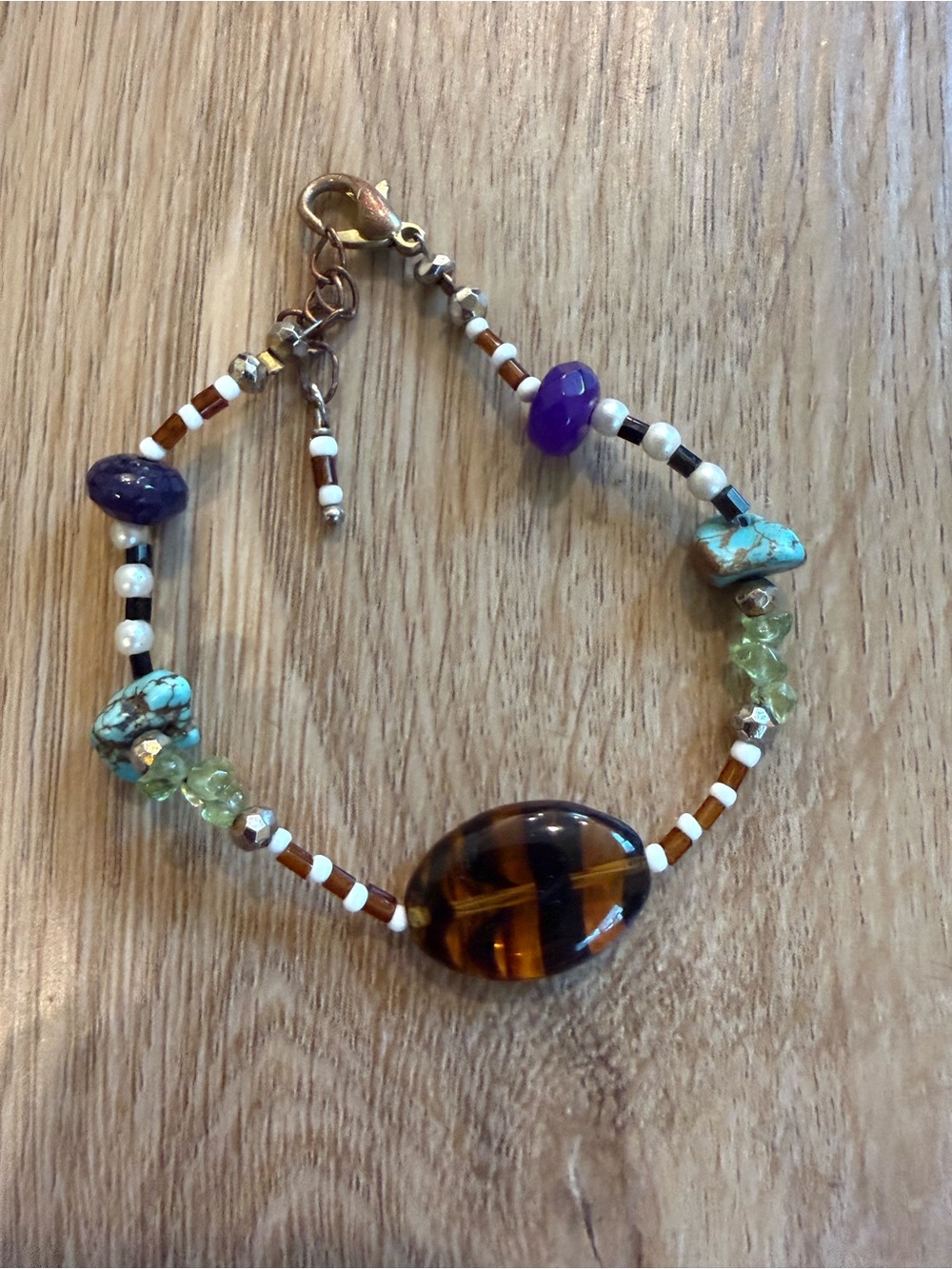 Beaded Multi-Stone Bracelet in Brown, Turquoise & Purple